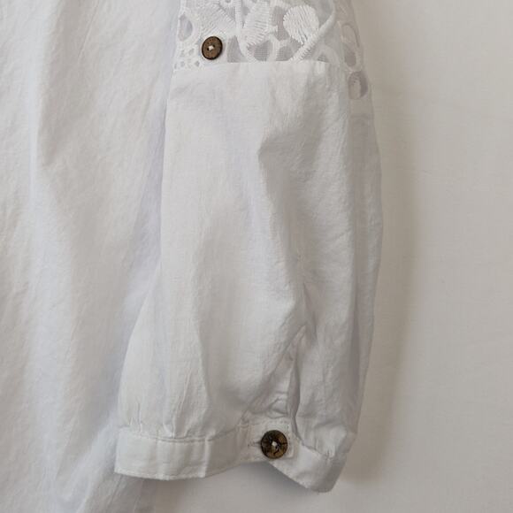 Floral Crochet Mesh Sleeve Cotton Button Down - Picture 4 of 10